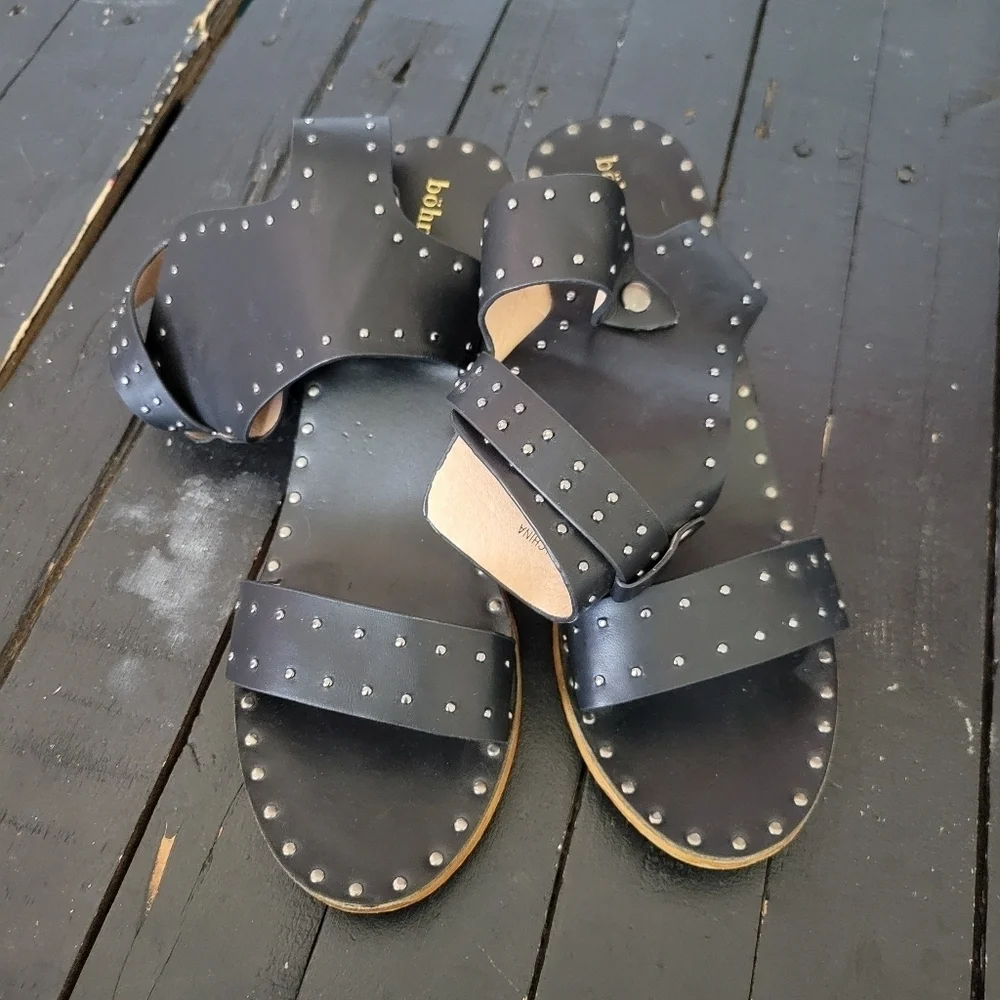 Bohme Women's 9 Black Boho Ankle Heeled Sandals Gladiator Studded Open Toe Shoes